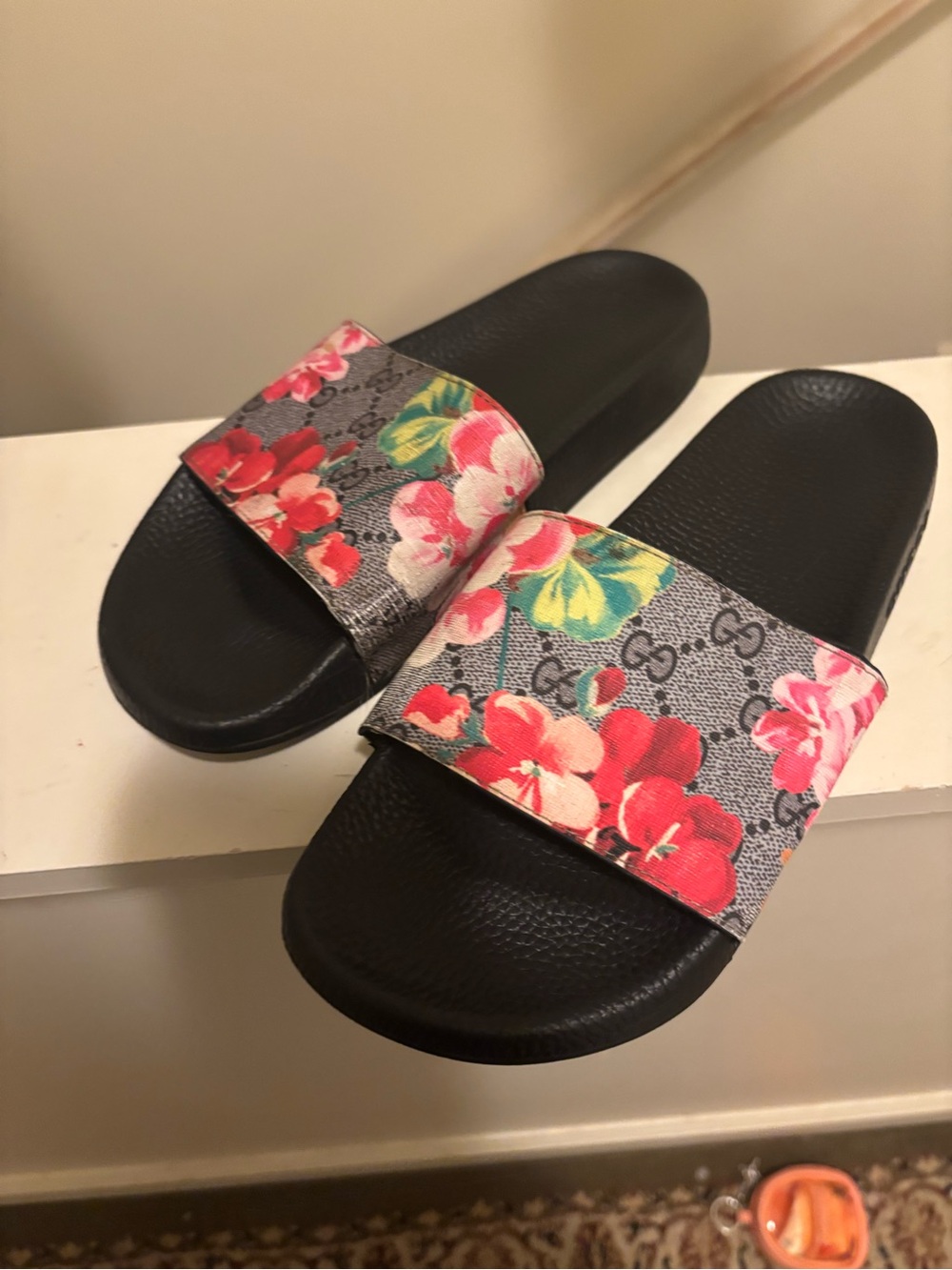 Gucci Black Slide Sandals with Floral Canvas Strap